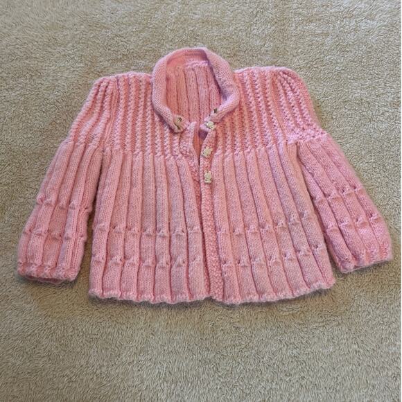 Vintage Cardigan Sweater Hand Knit Pink Cable Knit Bunny Buttons Easter - Picture 1 of 10